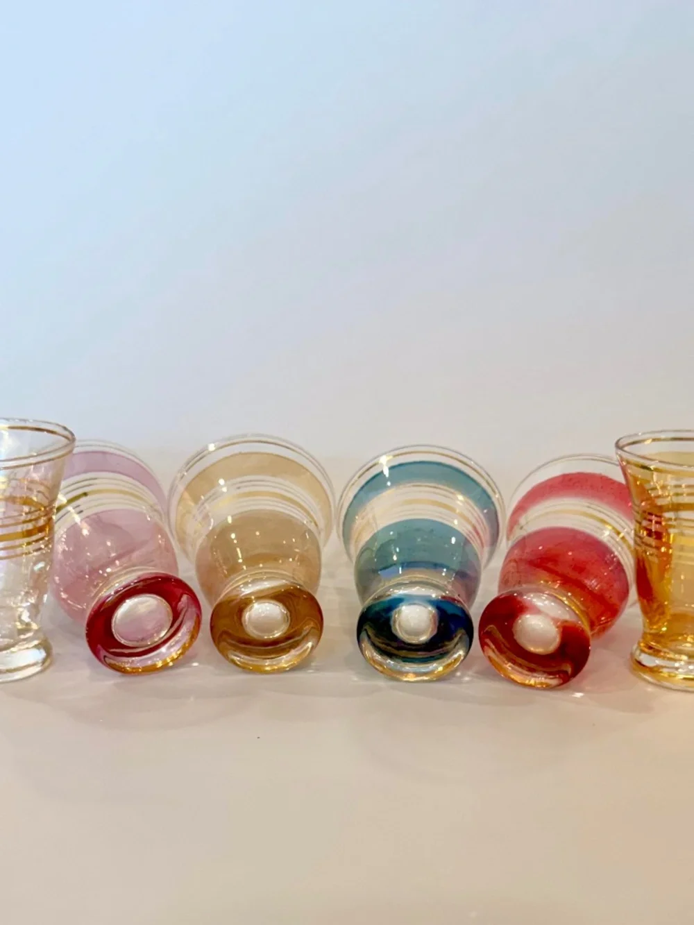 Vintage 6 MCM 1950's Multi-Colored Pastel Gold Striped Hand-Blown Shot Glasses